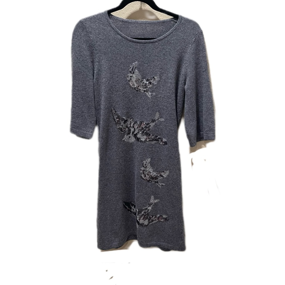 I Heart 100% Cashmere Embellished Sweater Dress – Grey with Sequin Birds